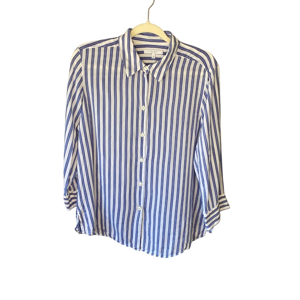 Foxcroft Easy Care Blue White Striped Button Down Shaped Shirt Size 14